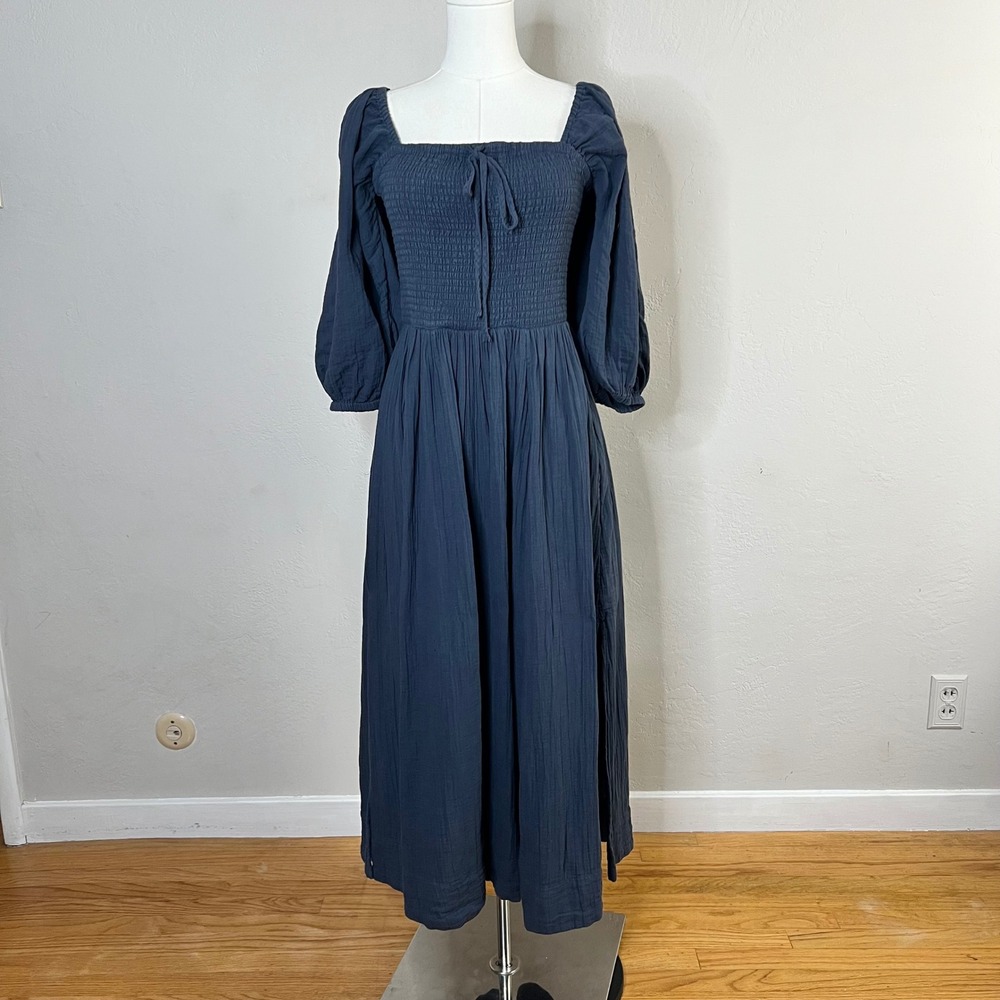 Quince Organic Cotton Gauze Smocked Square Neck Midi Dress Small Indigo Blue